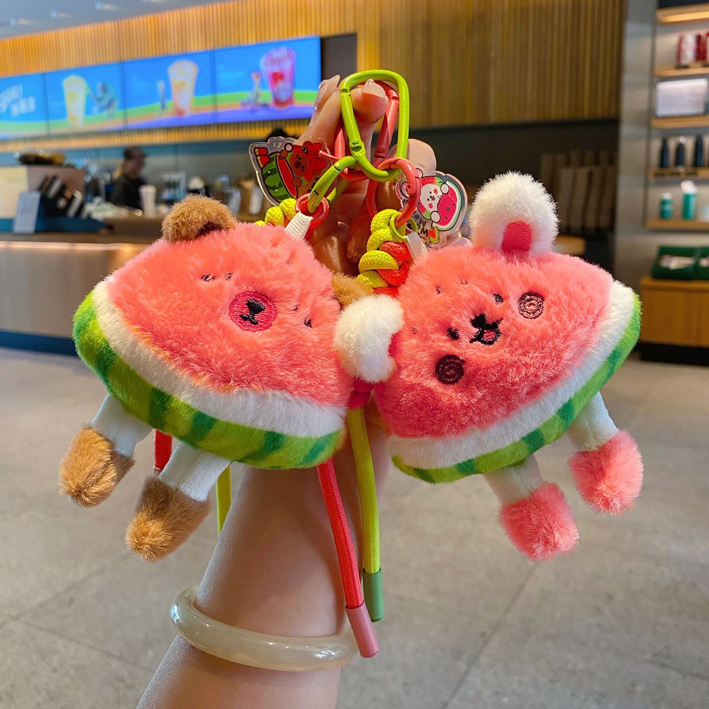 Cute watermelon capybara and rabbit plush keychain charms