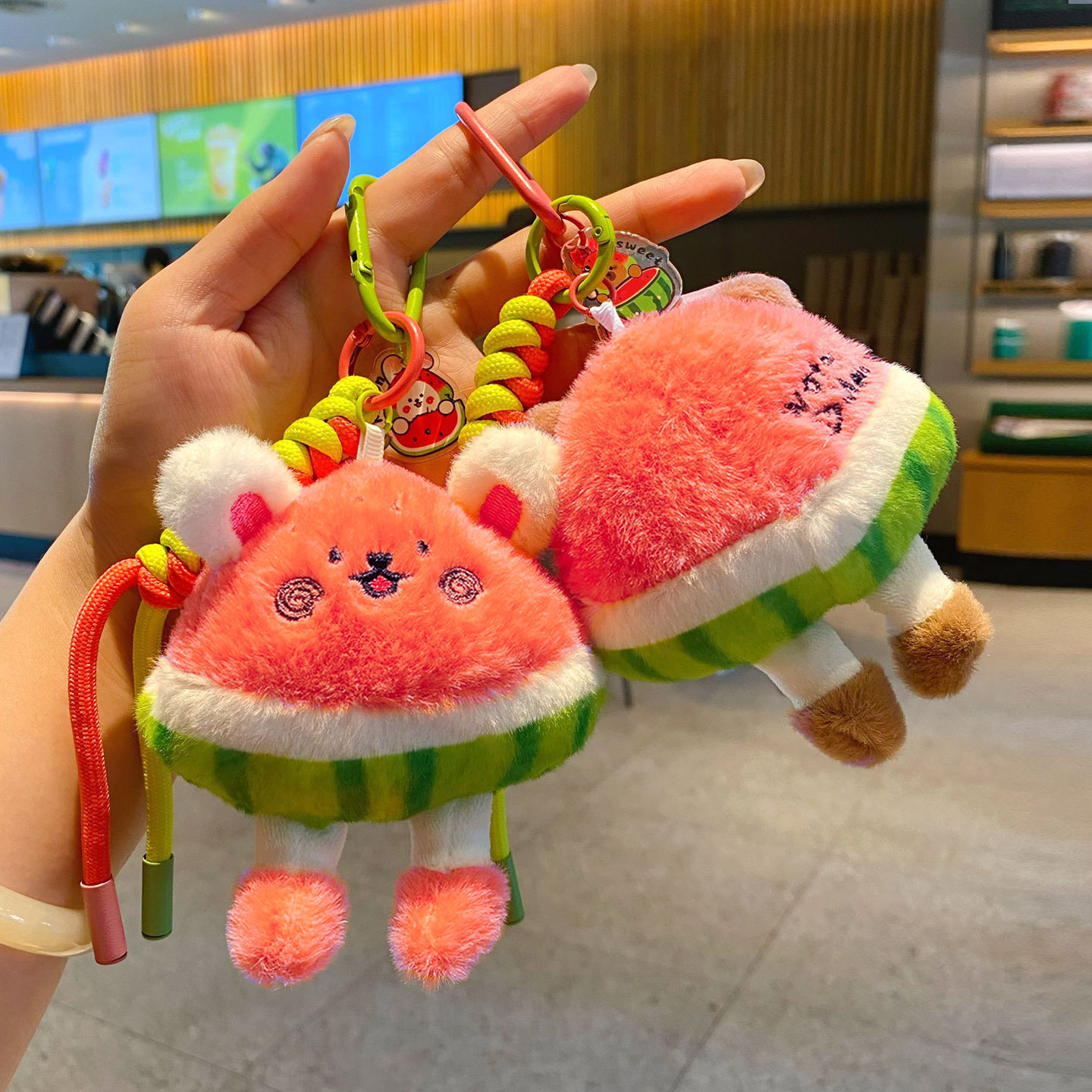 Cute watermelon rabbit and capybara plush keychain charms