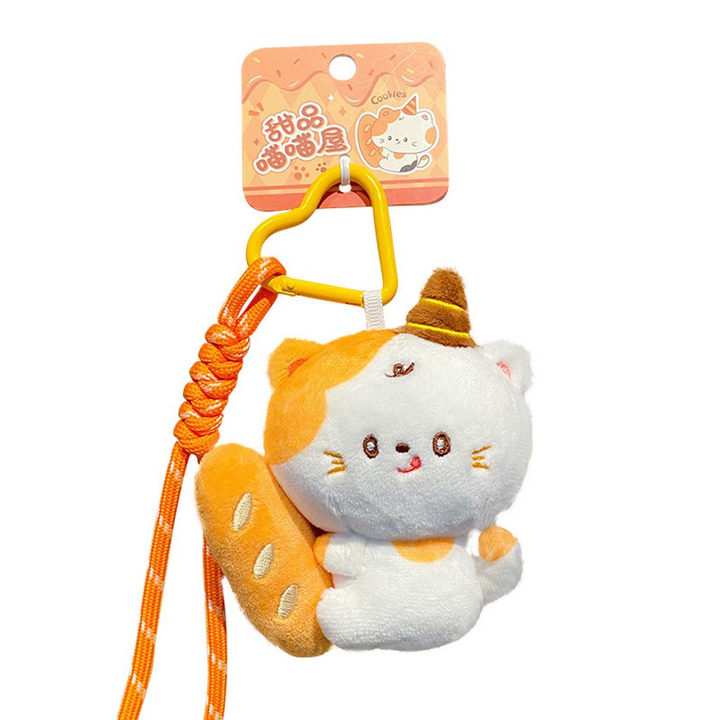 Baguette cat plush keychain charm on white background