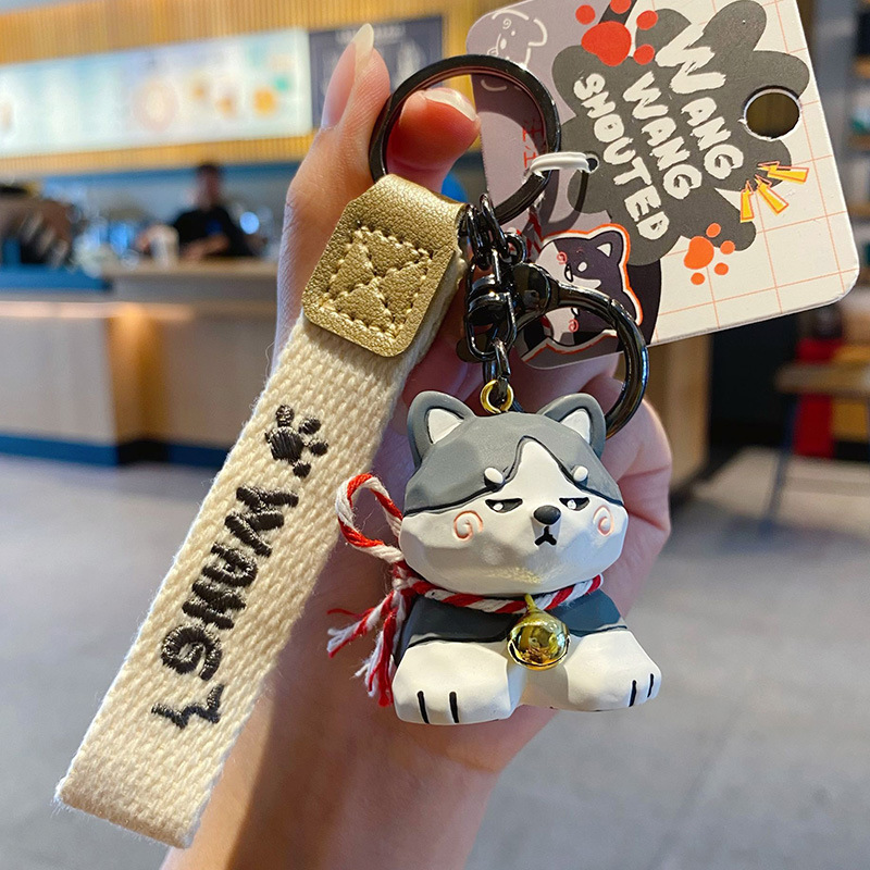 Husky keychain charm in wood carving style