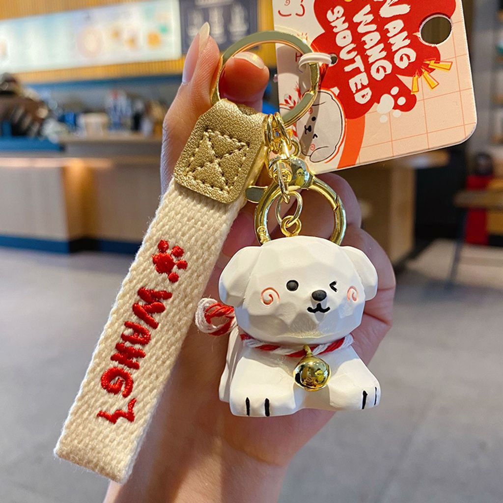 Poodle puppy keychain charm in wood carving style