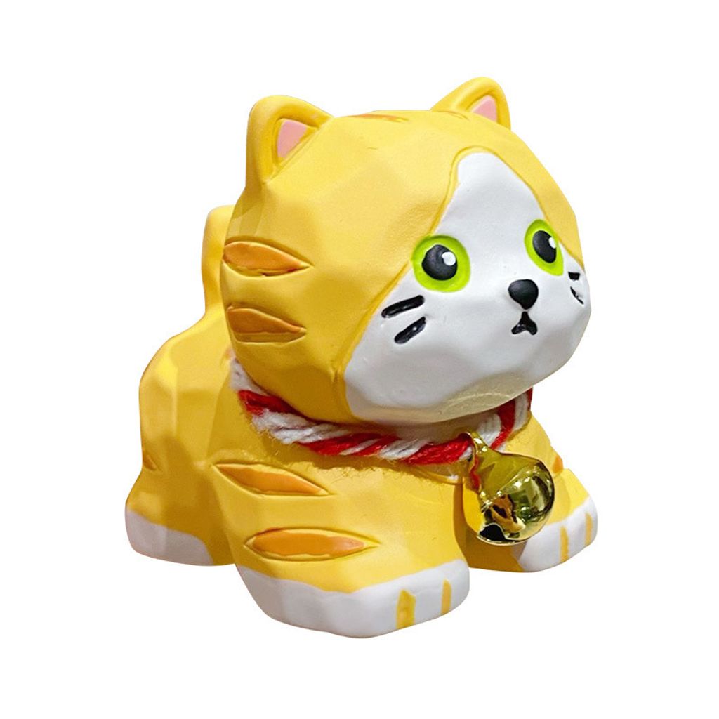 Orange tabby cat mini figurine in wood-carving style on white background