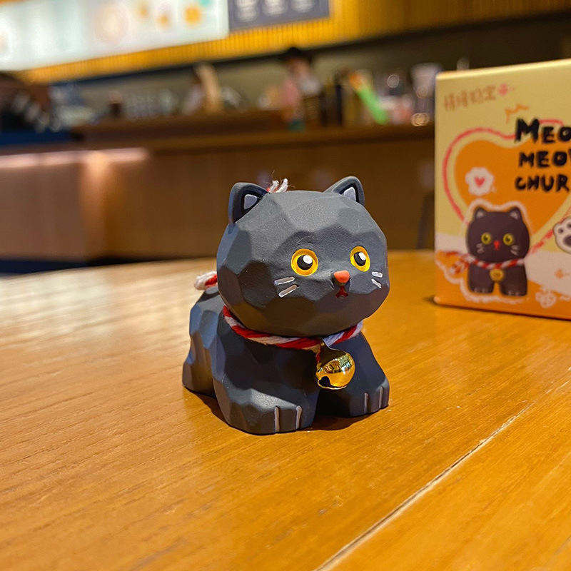 Black cat mini figurine in wood-carving style