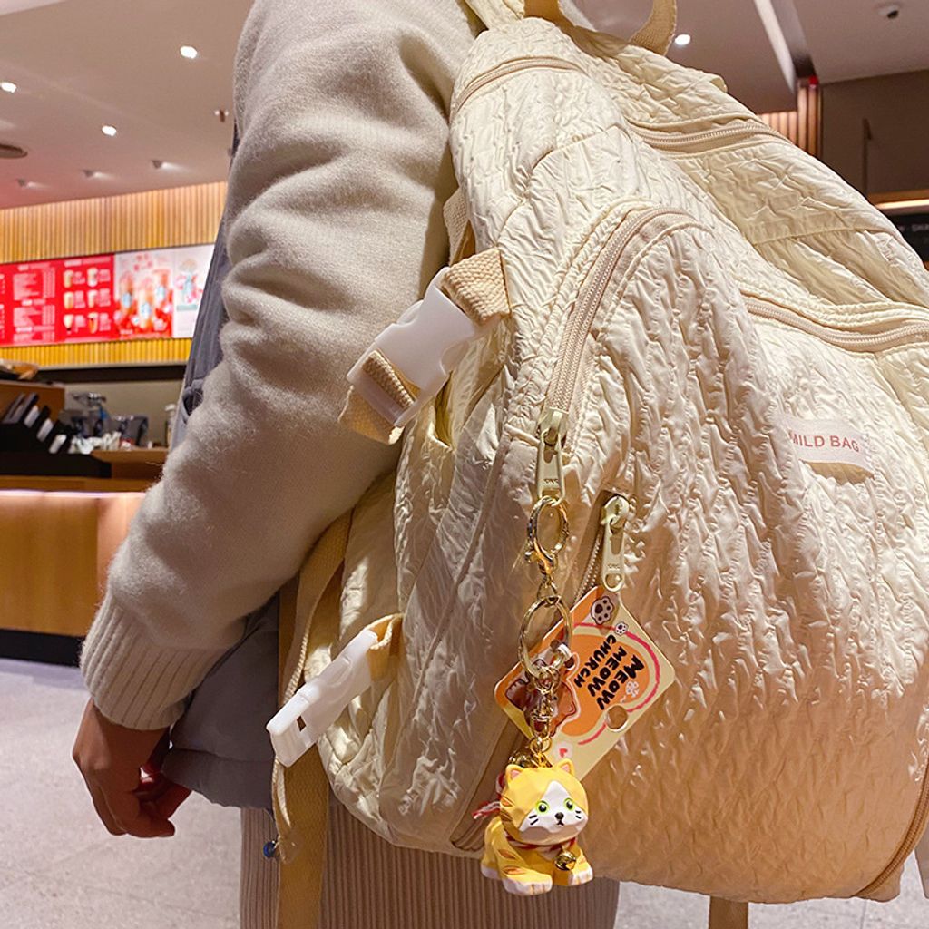 Orange tabby cat keychain charm hanging on a bag