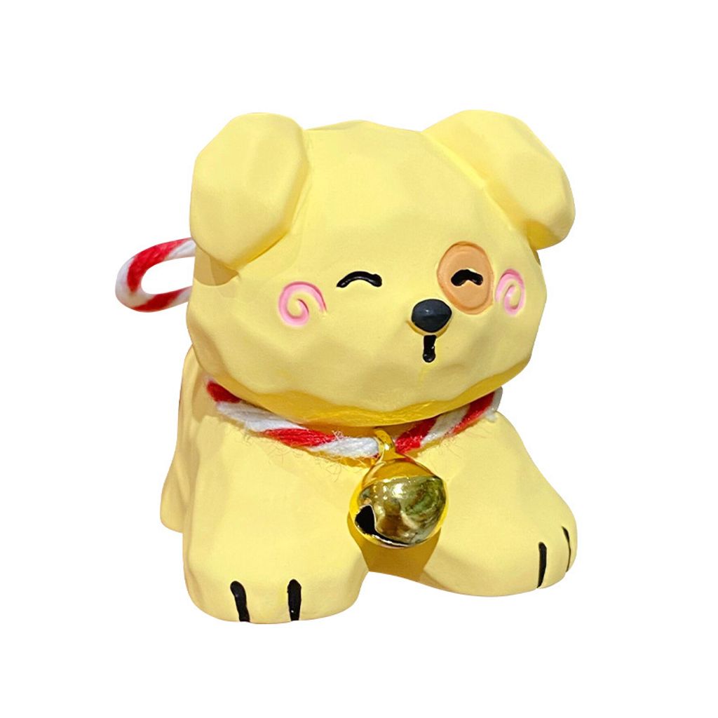 Yellow puppy mini figurine in wood carving style on white background