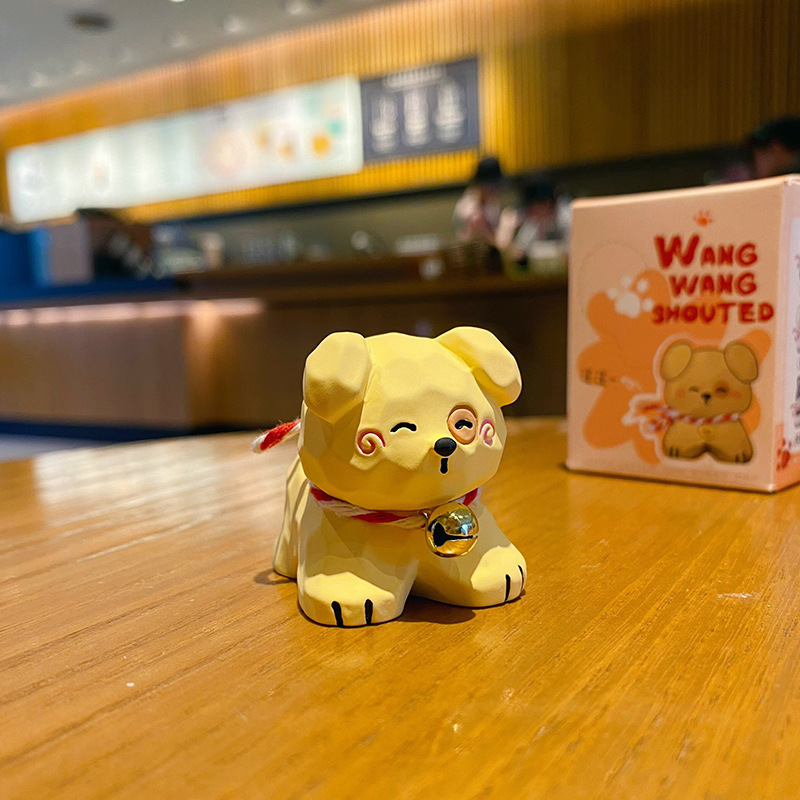 Yellow puppy mini figurine in wood carving style