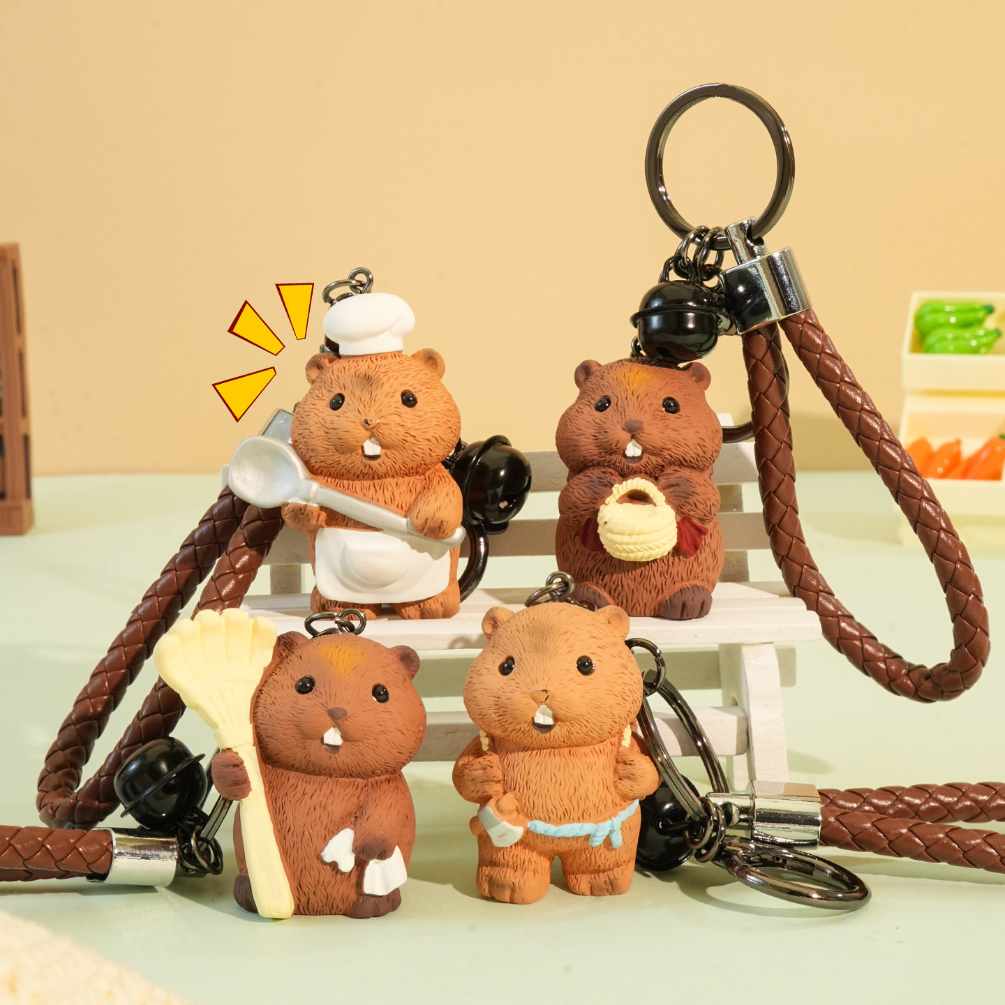 Four groundhog country life keychain charms in gardener, harvester, woodcutter, and chef designs