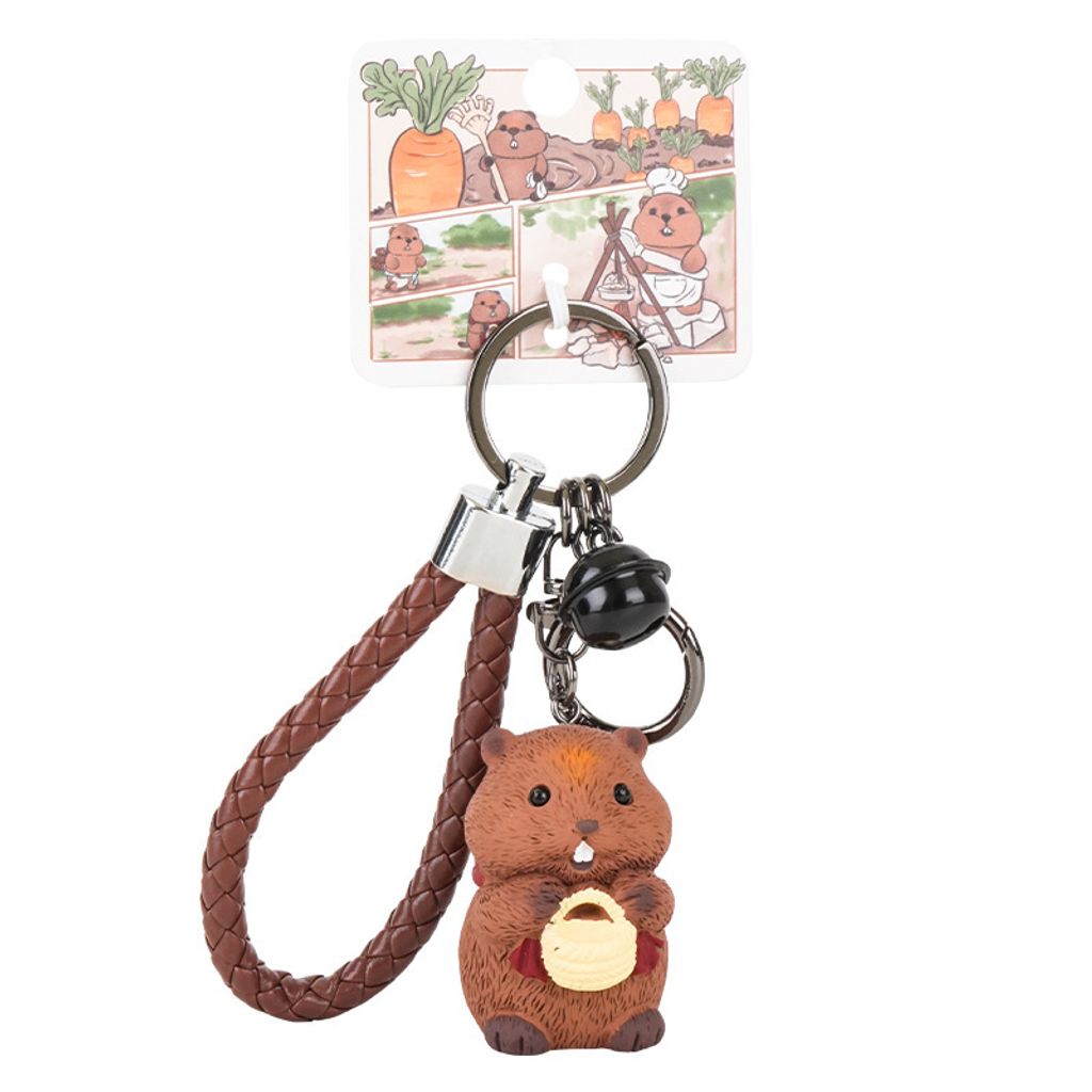 Little harvester groundhog keychain charm on white background