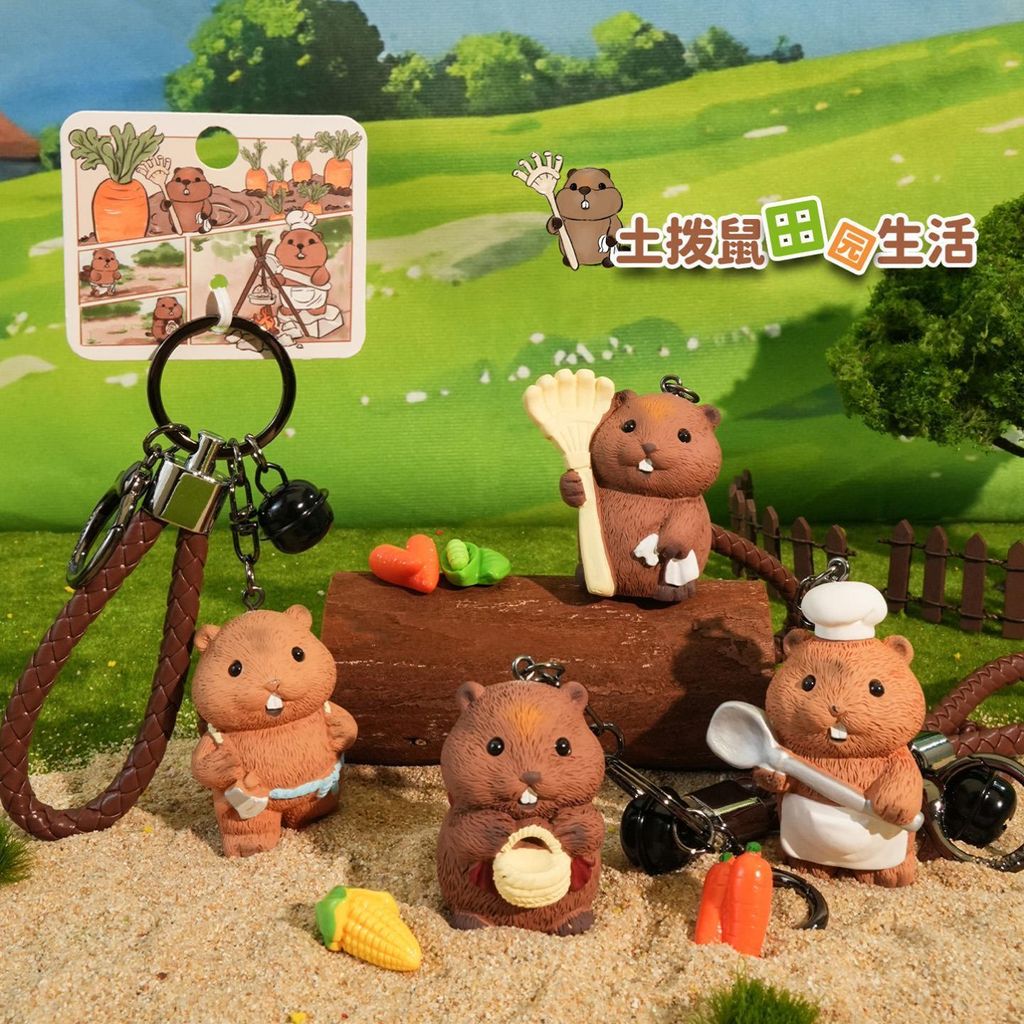 Four groundhog country life keychain charms in gardener, harvester, woodcutter, and chef designs