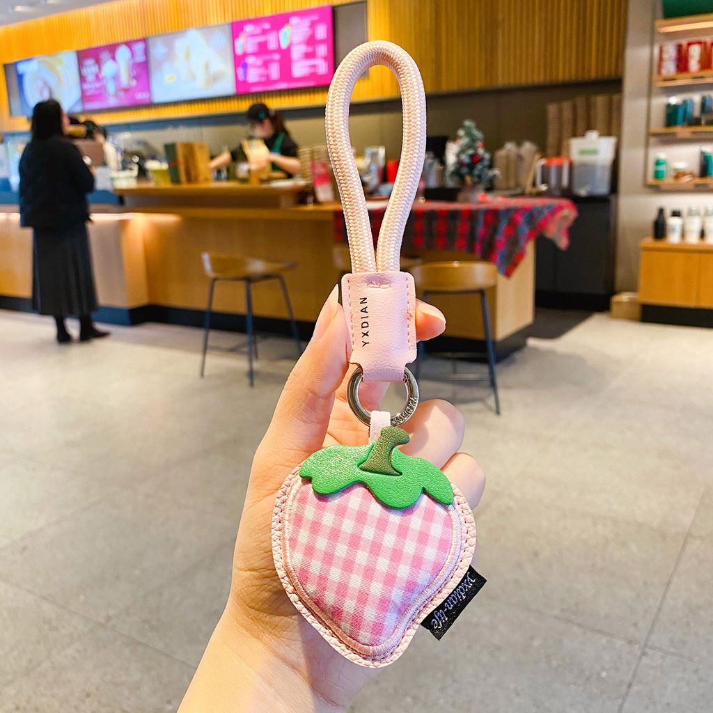 Strawberry gingham leather keychain charm