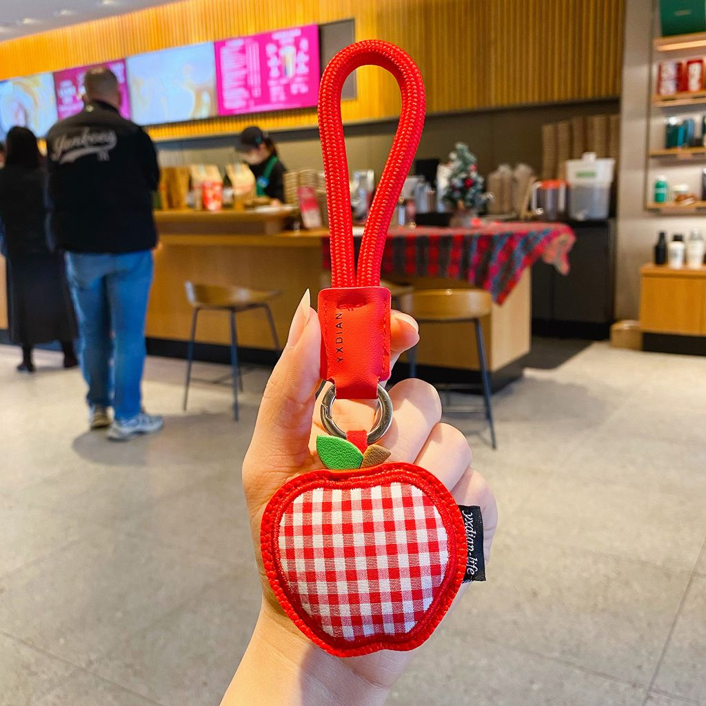 Apple gingham leather keychain charm