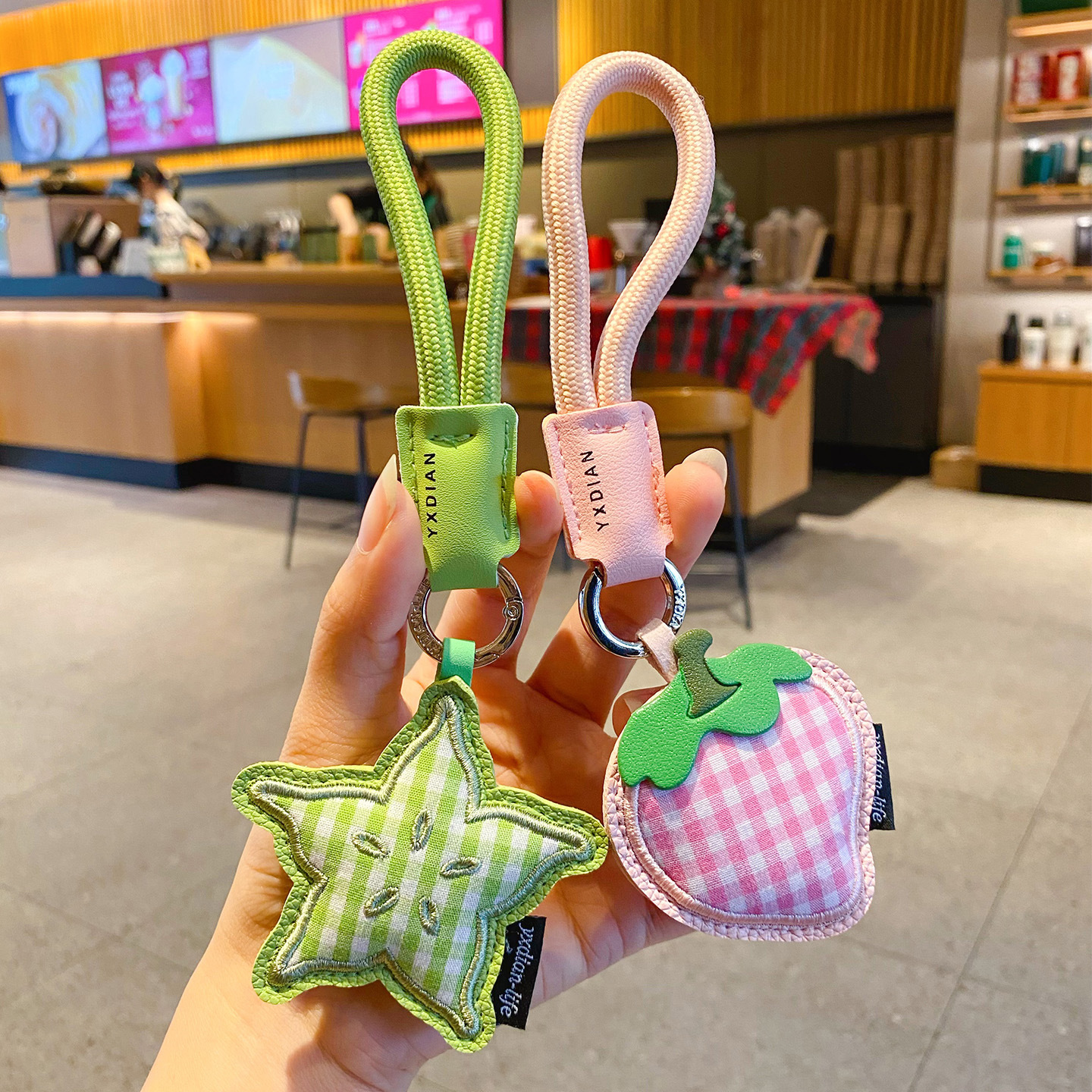 Starfruit and strawberry gingham leather keychain charms