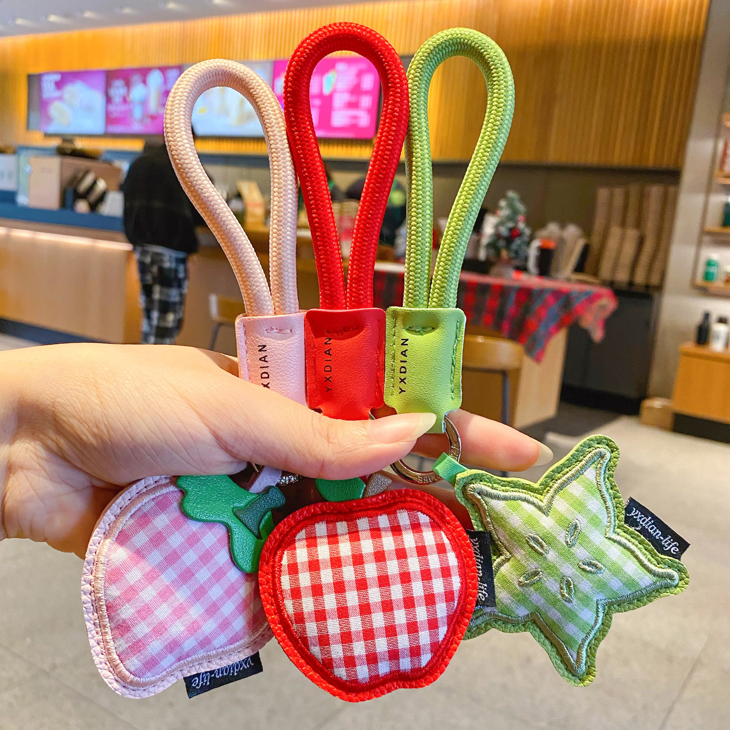 Strawberry, apple and starfruit gingham leather keychain charms