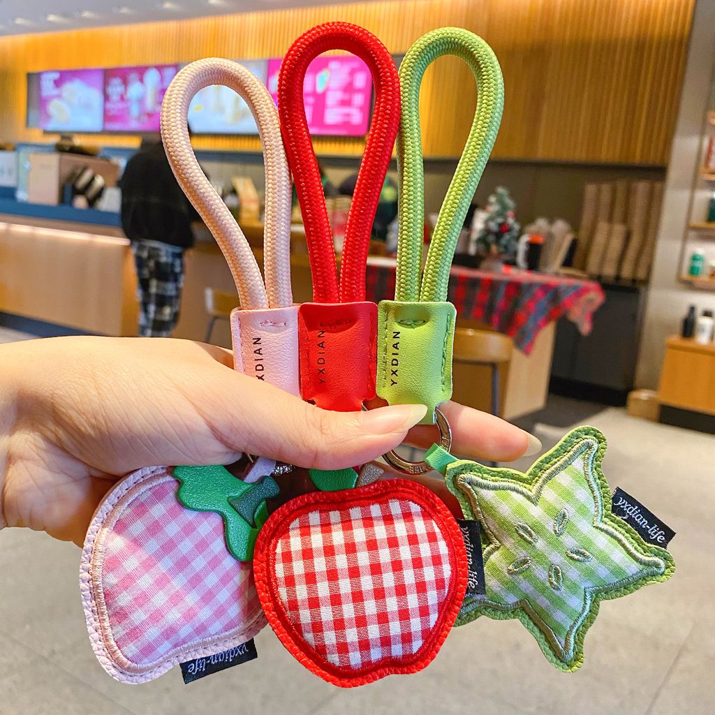 Strawberry, apple and starfruit gingham leather keychain charms