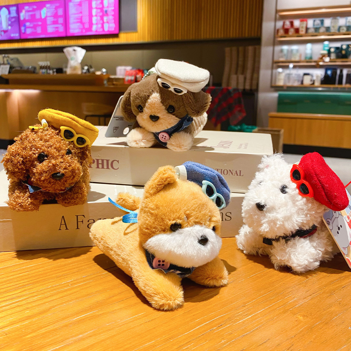 Kawaii puppy plush keychain charms featuring four dog designs