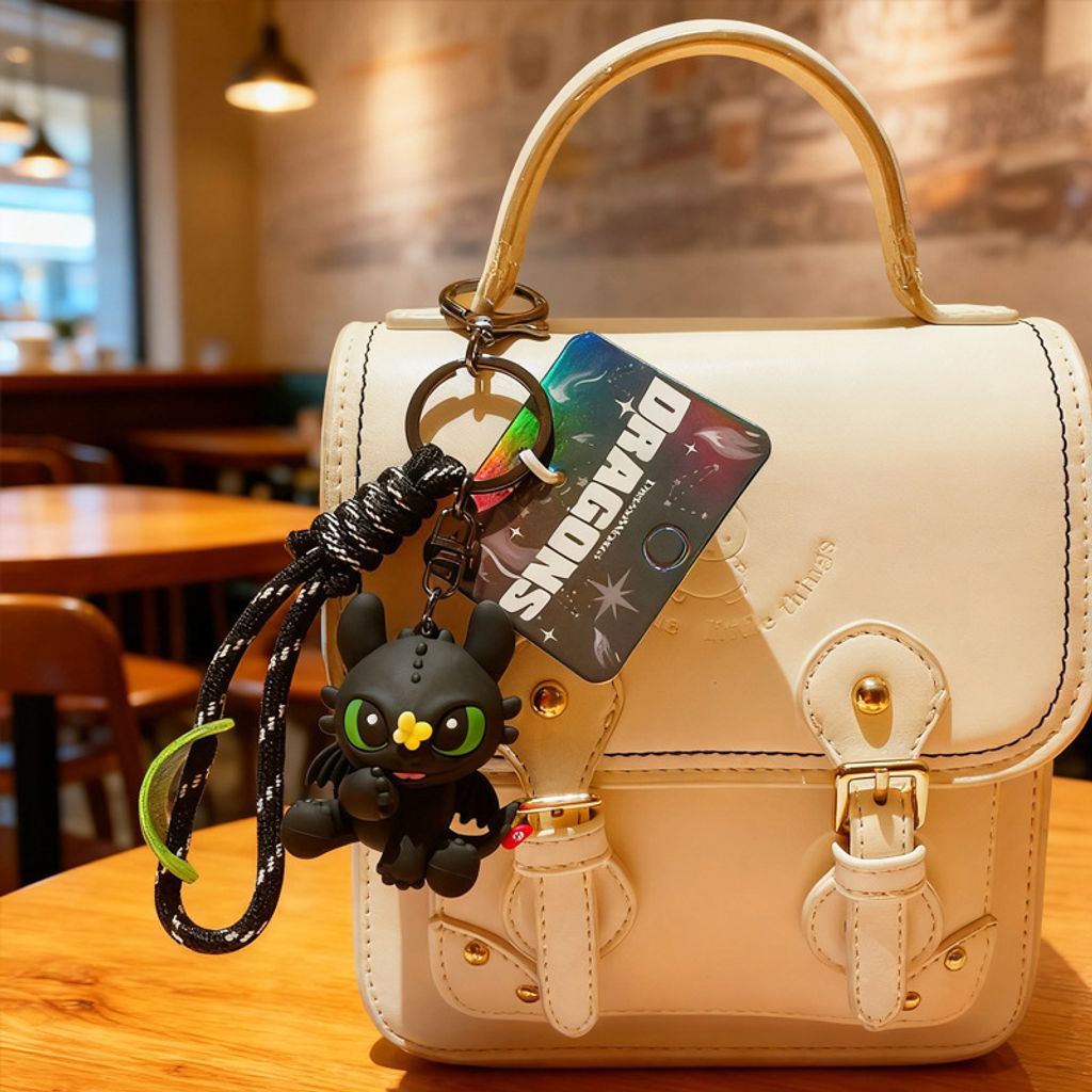 Toothless with butterfly 3D keychain charm hanging on a bag