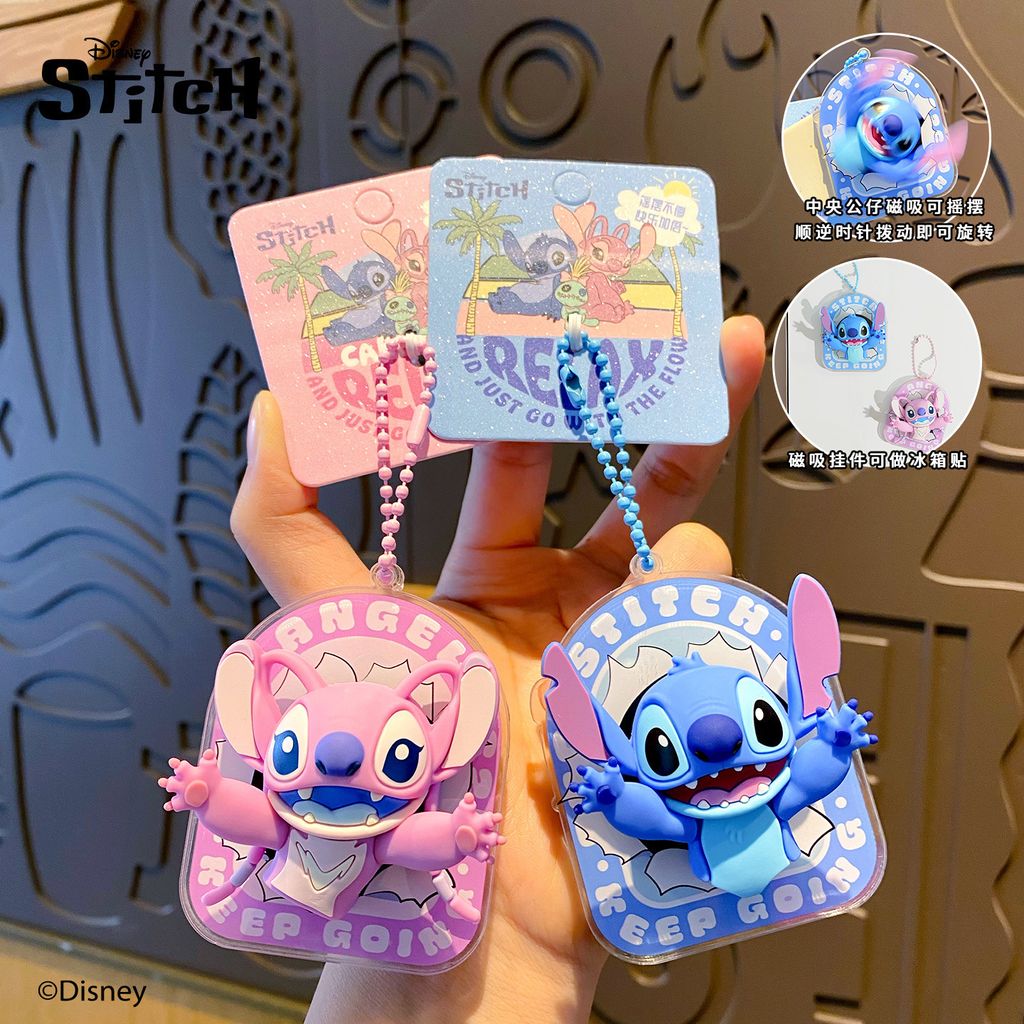 Angel and Stitch magnetic spinning keychain charms featuring 3D characters with magnetized spinning center pieces.