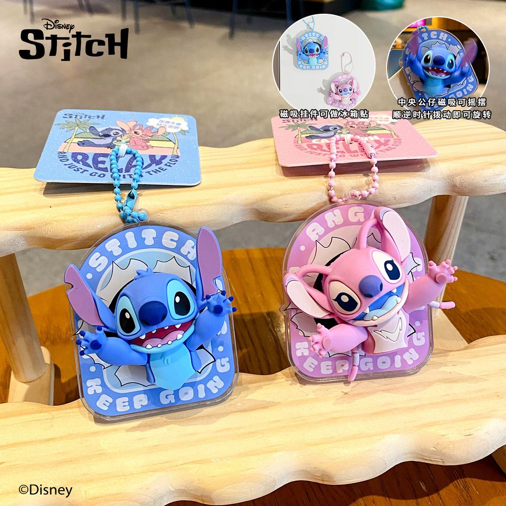 Stitch and Angel magnetic spinning keychain charms featuring 3D characters with magnetized spinning center pieces.