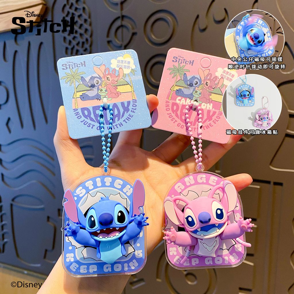 Stitch and Angel magnetic spinning keychain charms featuring 3D characters with magnetized spinning center pieces.
