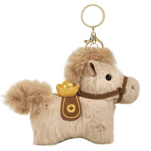 Lucky money on the way plush brown horse keychain charm on a white background