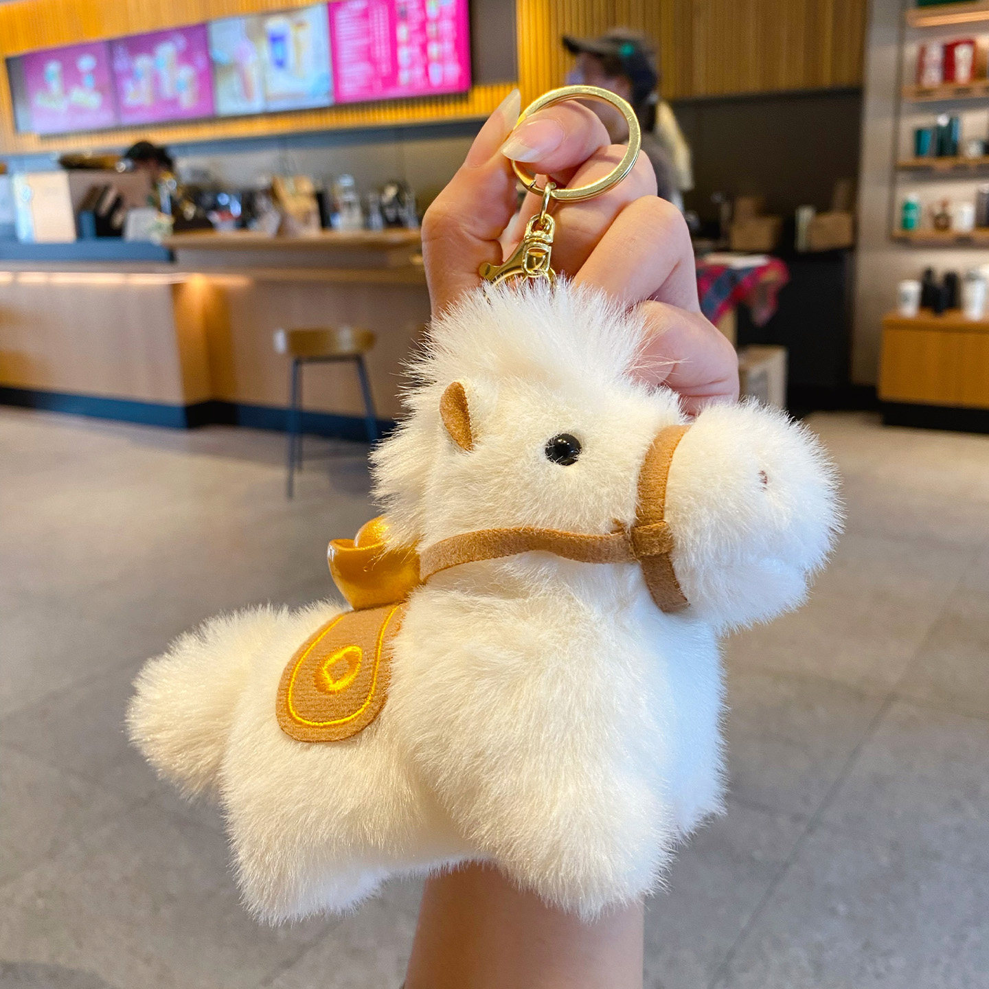 Lucky money on the way plush white horse keychain charm