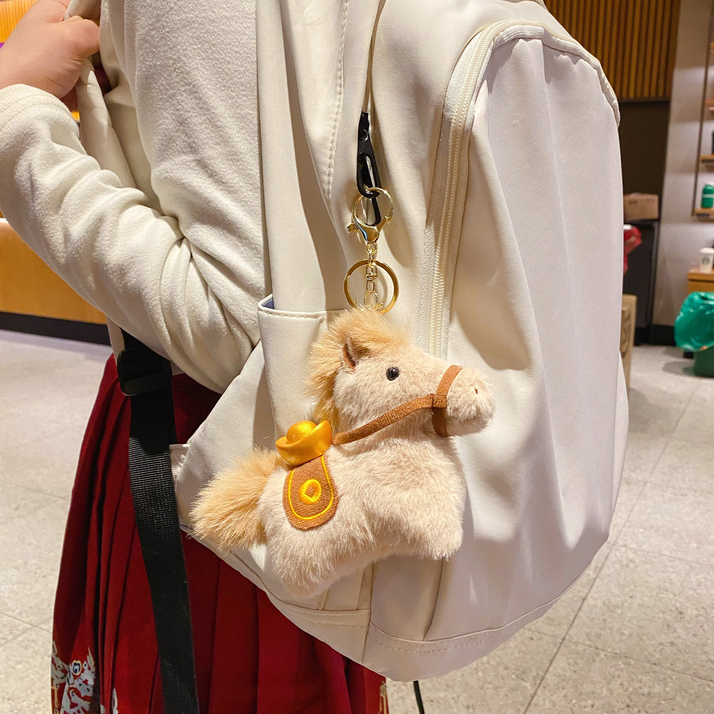 Lucky money on the way plush brown horse keychain charm hanging on a bag