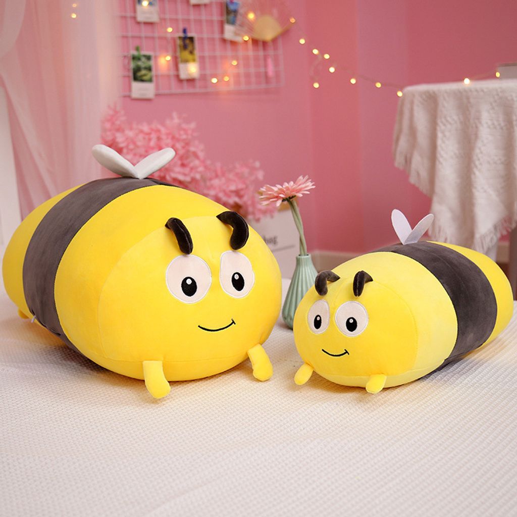 Bee and ladybug plush pillow shown in different sizes