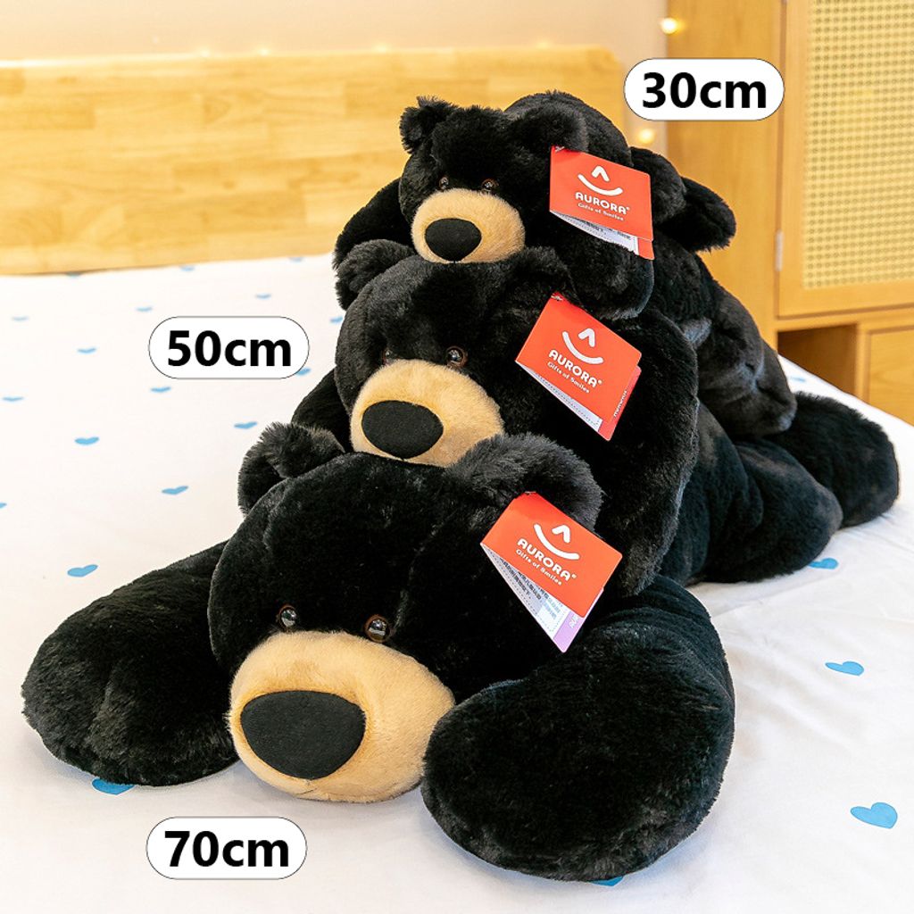Black bear lying plush toy size comparison 30cm 50cm 70cm