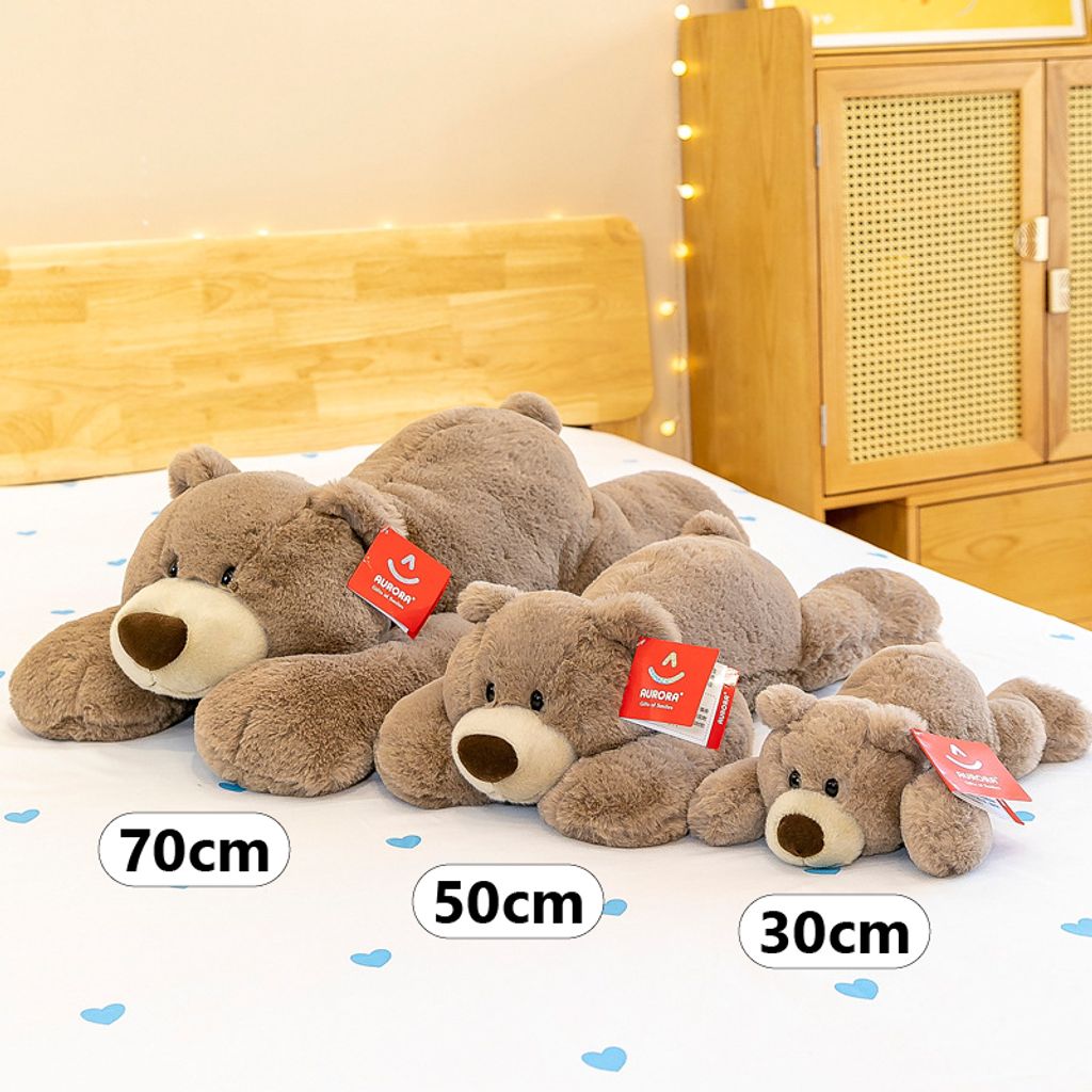 Brown bear lying plush toy size comparison 30cm 50cm 70cm