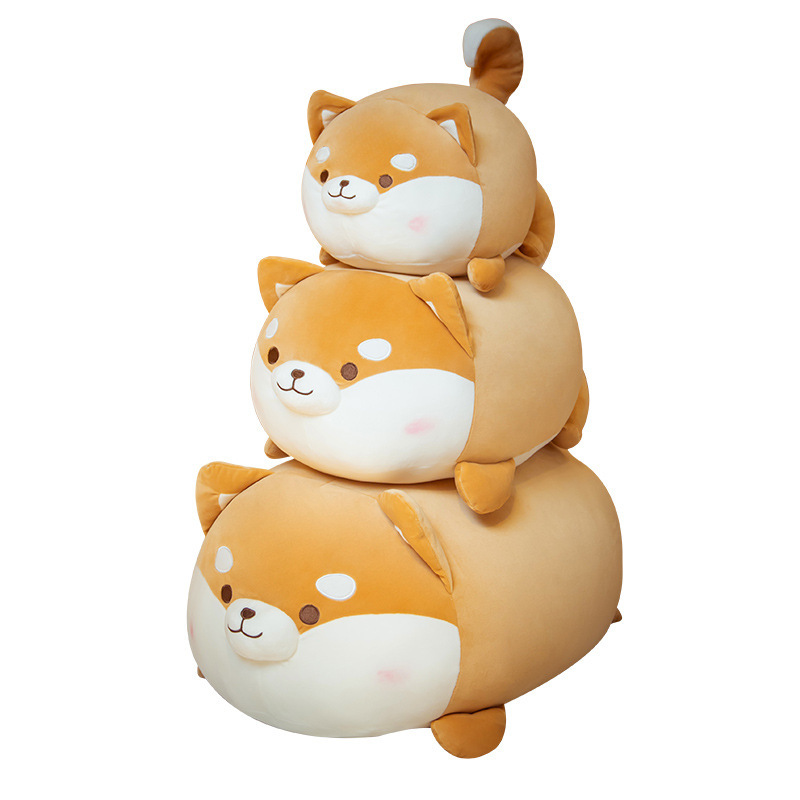 Shiba Inu plush pillow shown in three sizes on white background