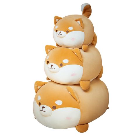 Shiba Inu plush pillow shown in three sizes on white background