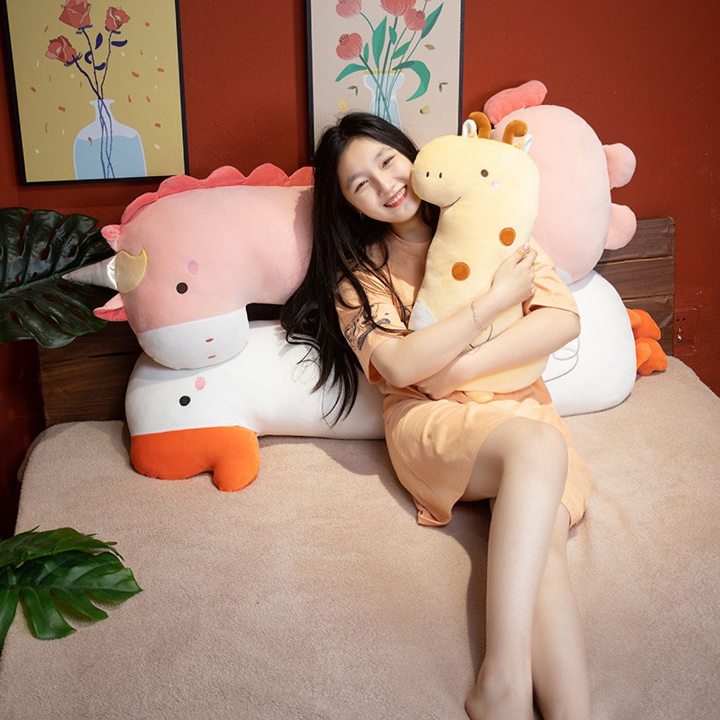 Dinosaur, giraffe, unicorn and goose long plush pillow for hugging and lounging