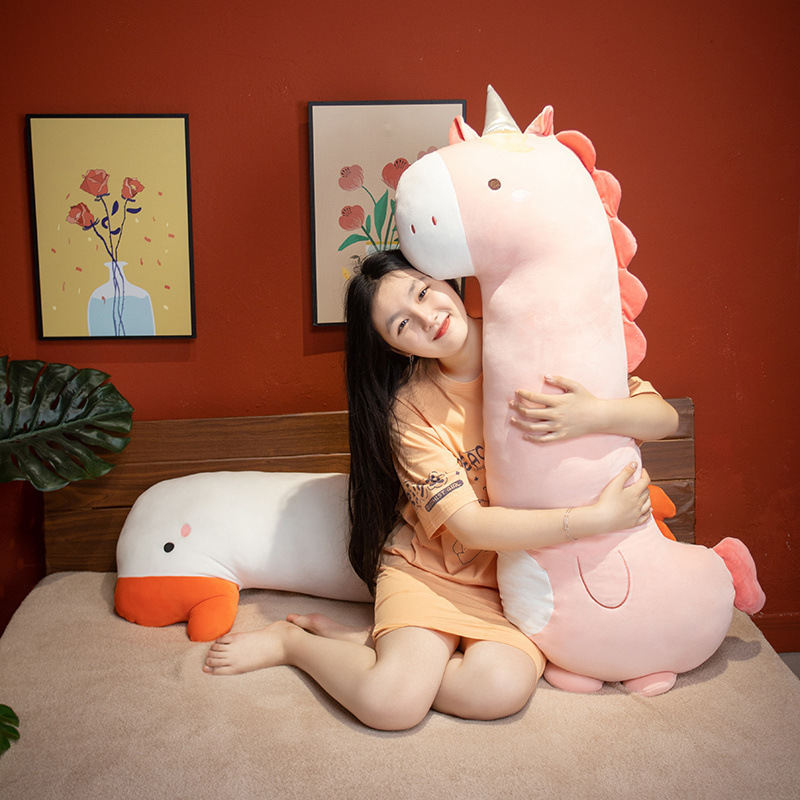 Dinosaur, giraffe, unicorn and goose long plush pillow for hugging and lounging