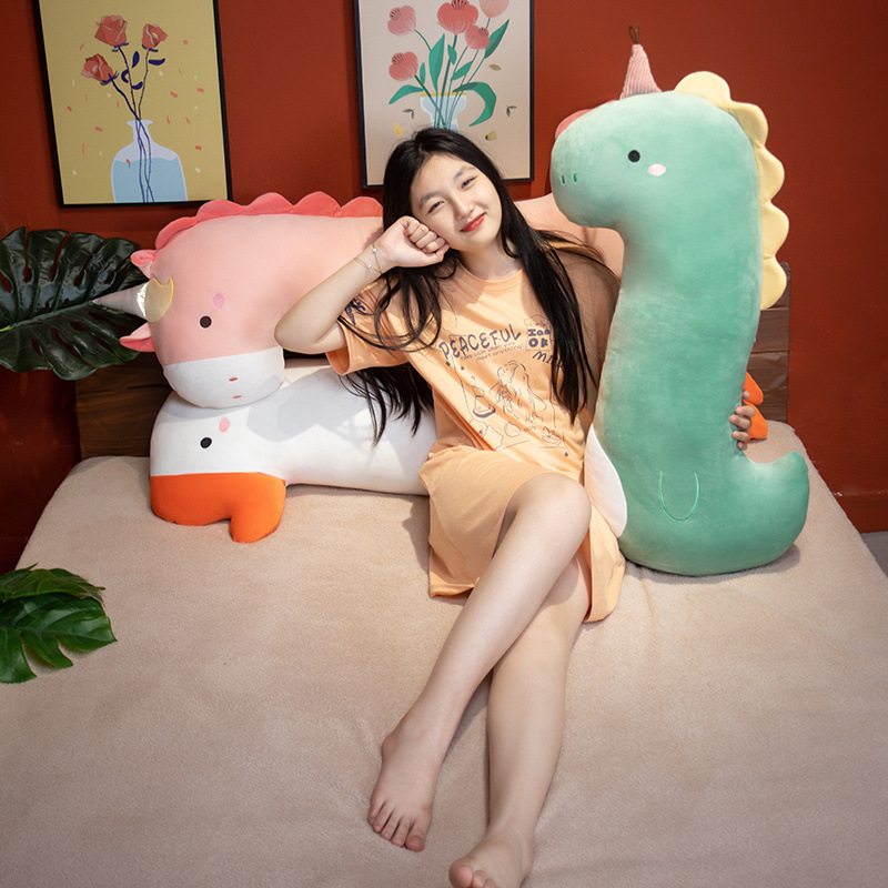 Dinosaur, giraffe, unicorn and goose long plush pillow for hugging and lounging