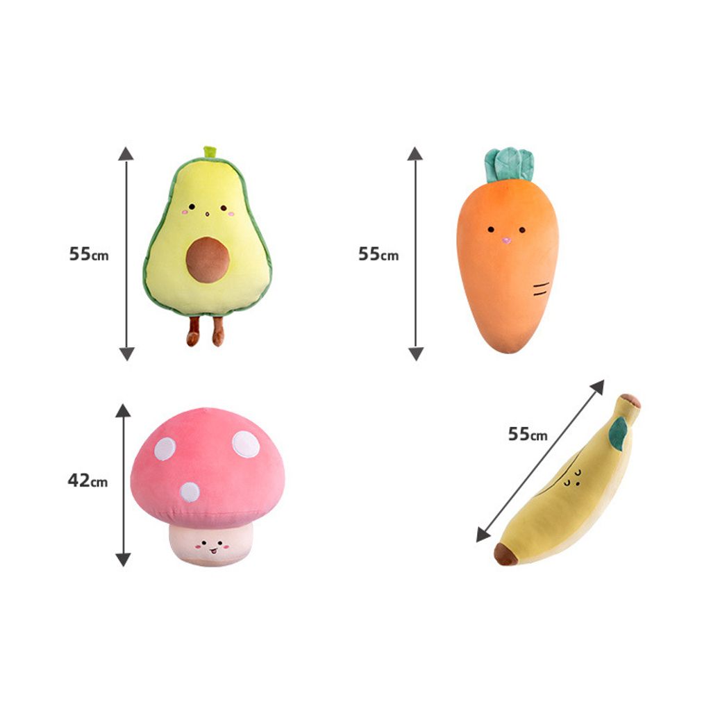 Cute carrot, avocado, banana and mushroom plush toy size comparison