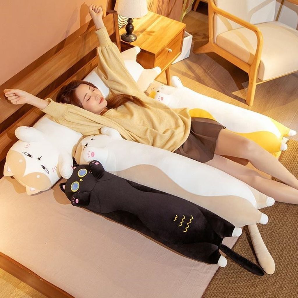 Cute chubby cat long plush pillow for hugging and sleeping