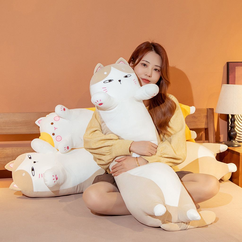 Cute chubby cat long plush pillow for hugging and lounging