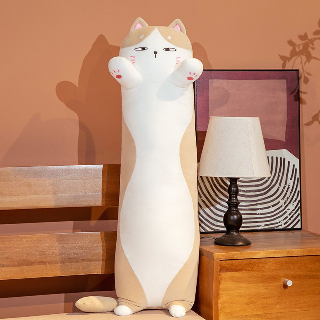 Light brown chubby cat long plush pillow