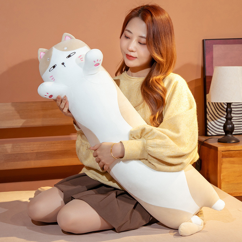 Cute chubby cat long plush pillow for hugging and lounging