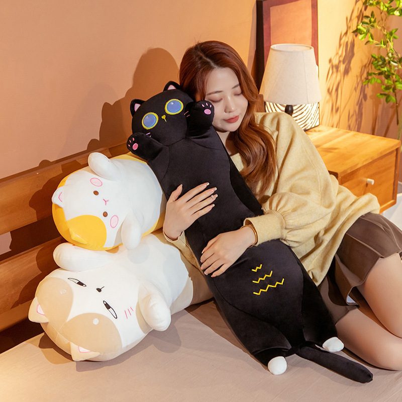 Cute chubby cat long plush pillow for hugging and lounging