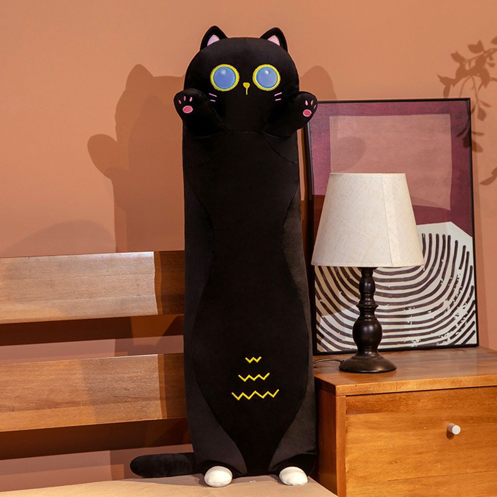 Black chubby cat long plush pillow