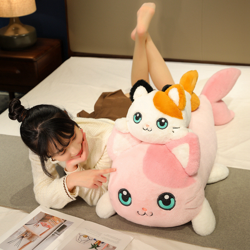 Cat fish plush pillow used for lounging and resting