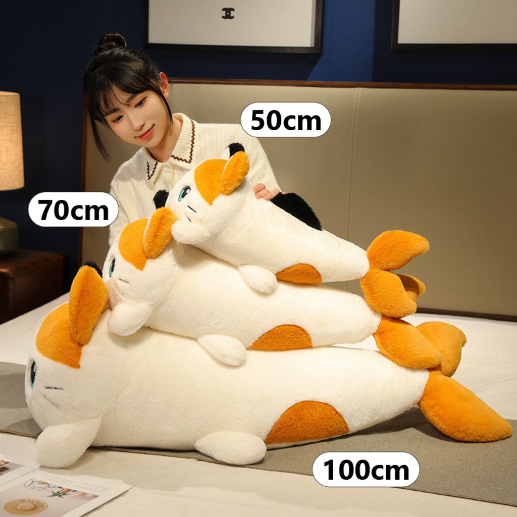 Cat fish plush pillow size comparison 50cm 70cm 100cm