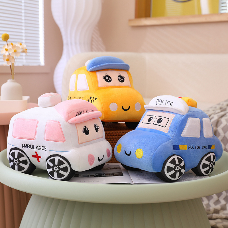 Cartoon car plush toy in ambulance taxi and police car designs