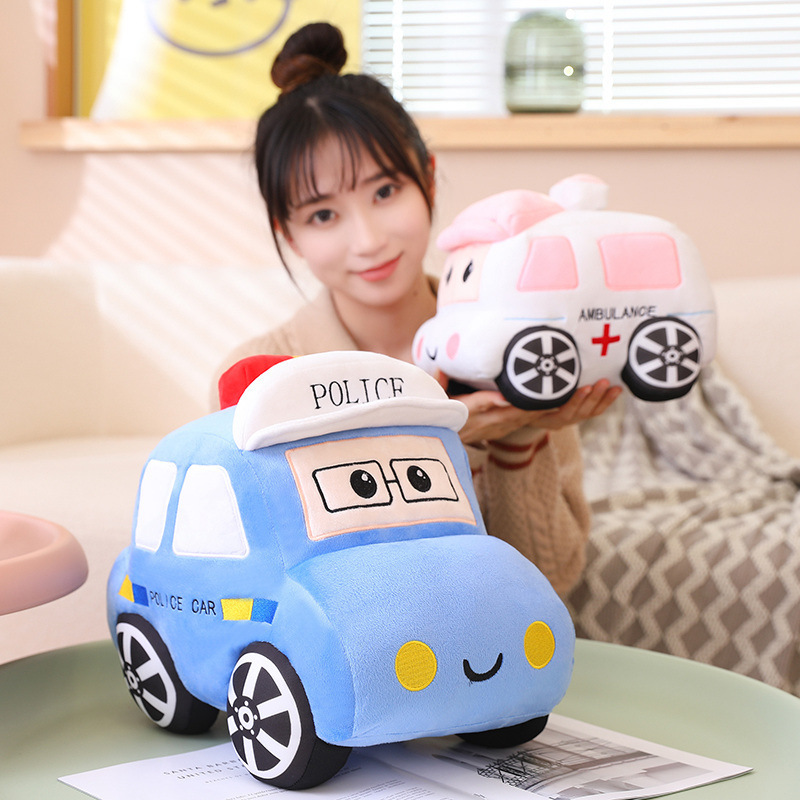Cartoon car plush toy collection in home setting