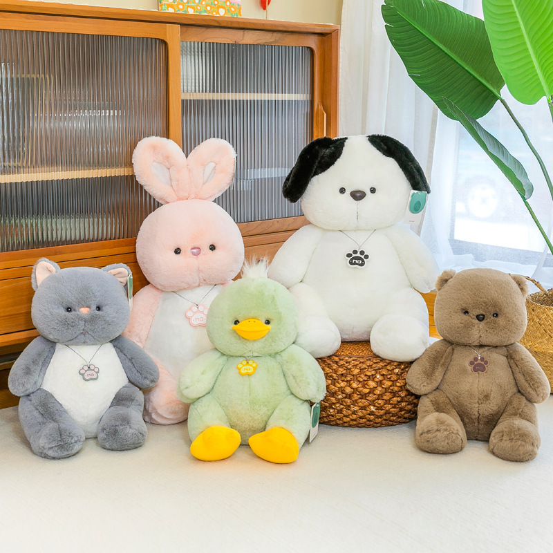 Soft animal plush toys featuring bear, cat, dog, rabbit, and duck designs