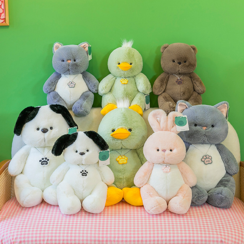 Bear, cat, dog, rabbit, and duck plush toys displayed together