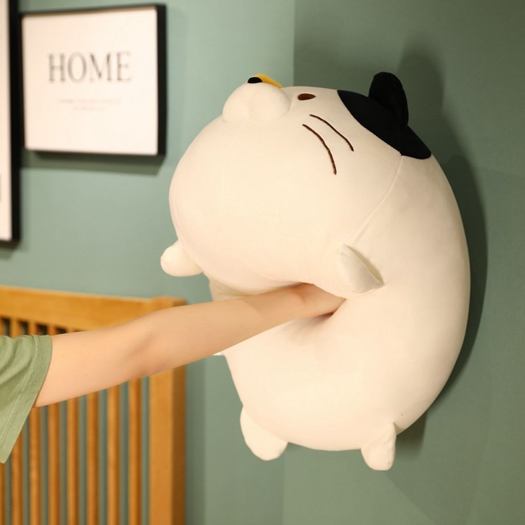 Cute round cat plush toy being squeezed to show softness