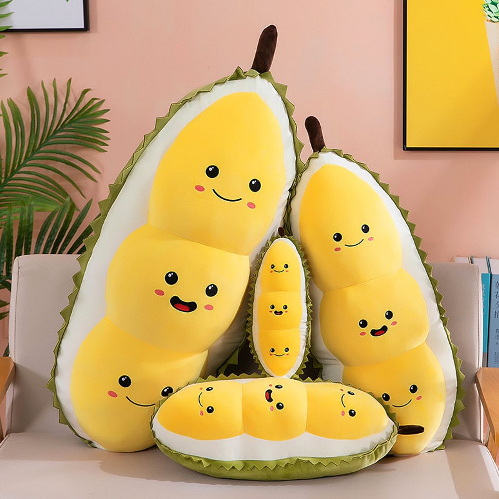 Cute durian plush pillows in different sizes displayed together