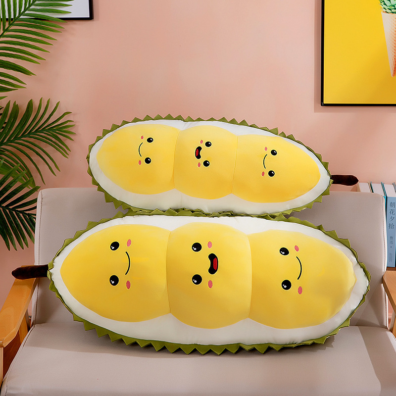 Cute durian plush pillow displayed on sofa, cozy home decor pillow